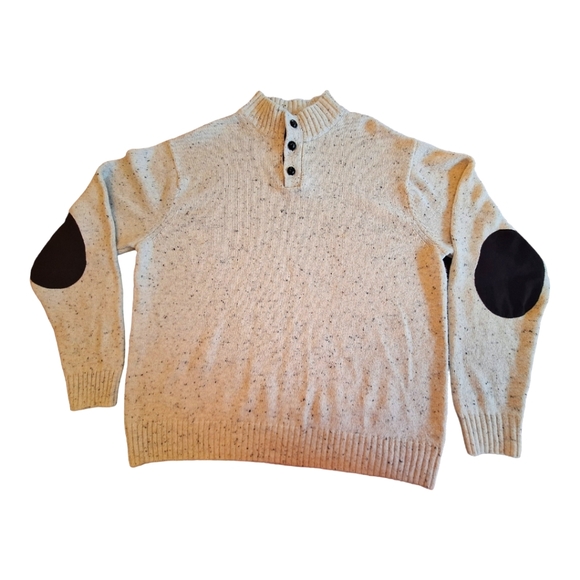 Chaps Tweed Mock Neck Popover Sweater Cotton Blend Elbow Patch Oatmeal Speck XL - Picture 3 of 15